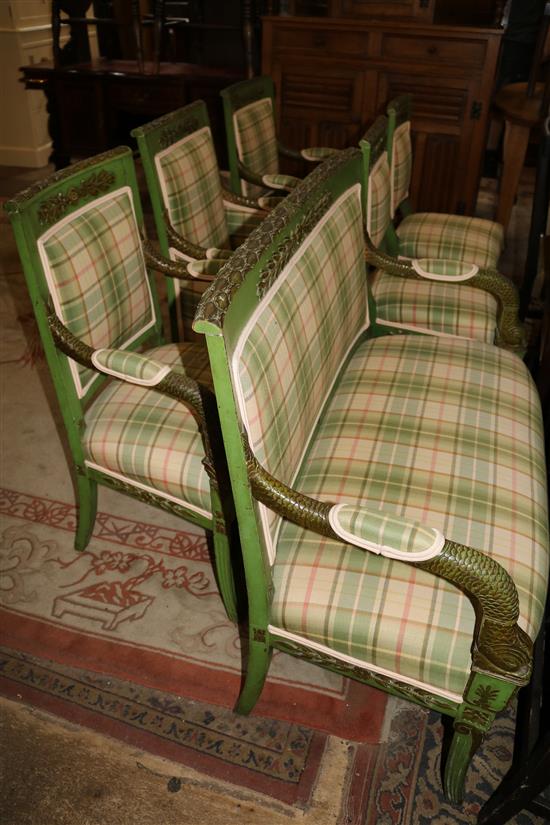 A Continental parcel gilt green painted six piece salon suite,